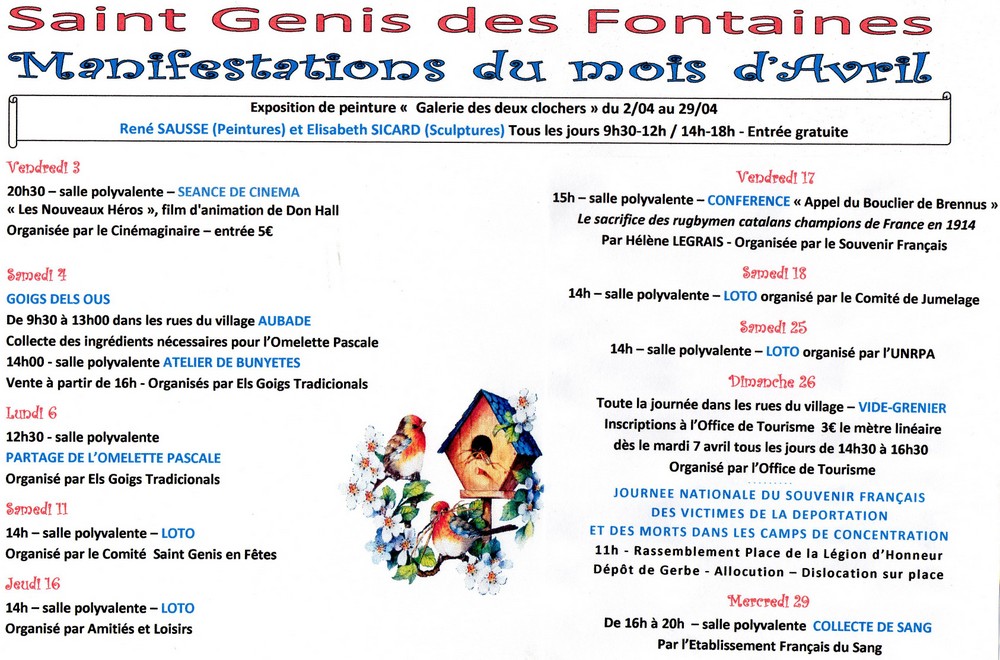 Manifestations du mois d’Avril à Saint Génis des Fontaines.