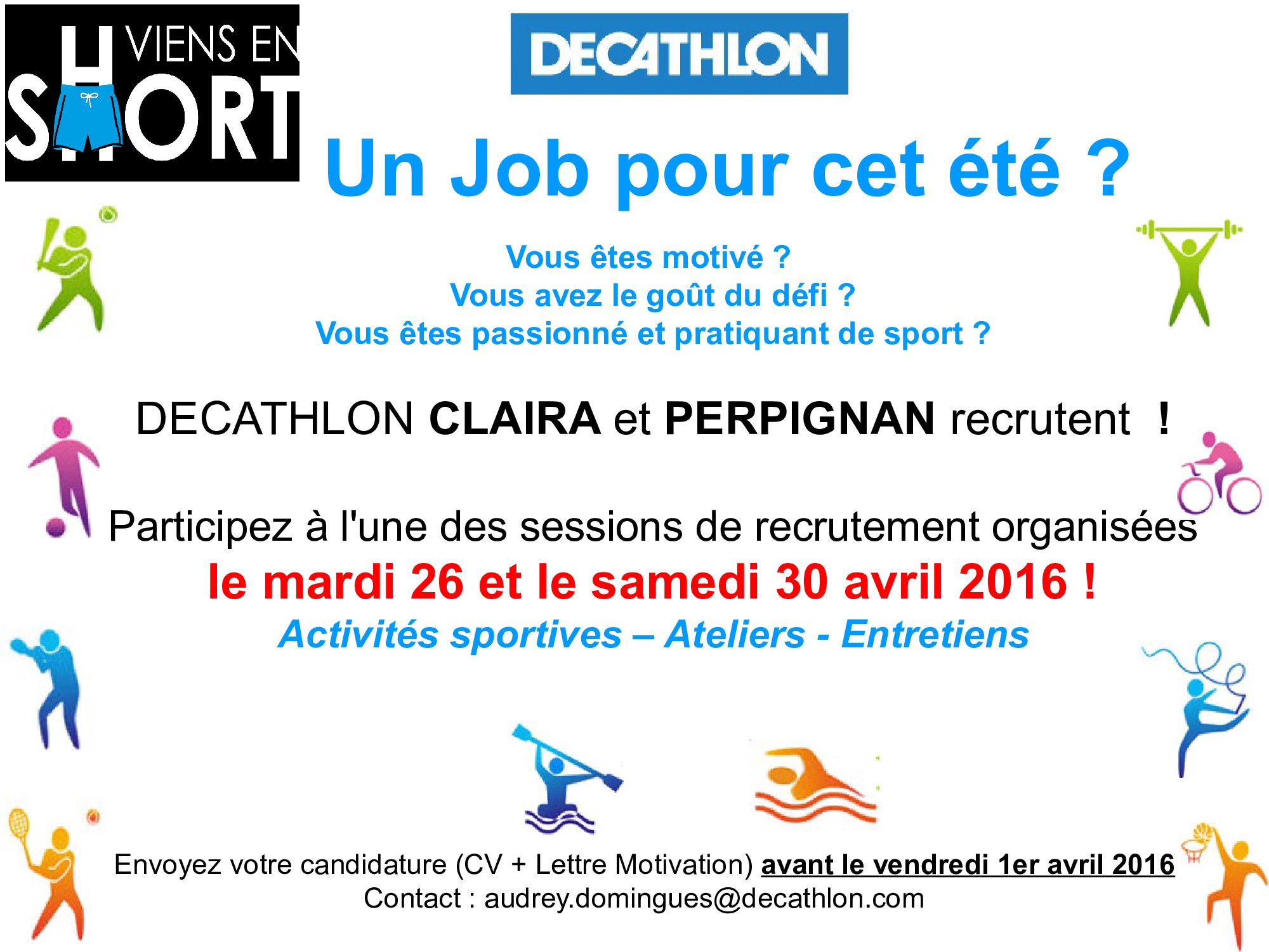 Viens en short : Un job pour cet été chez DECATHLON Claira et Perpignan