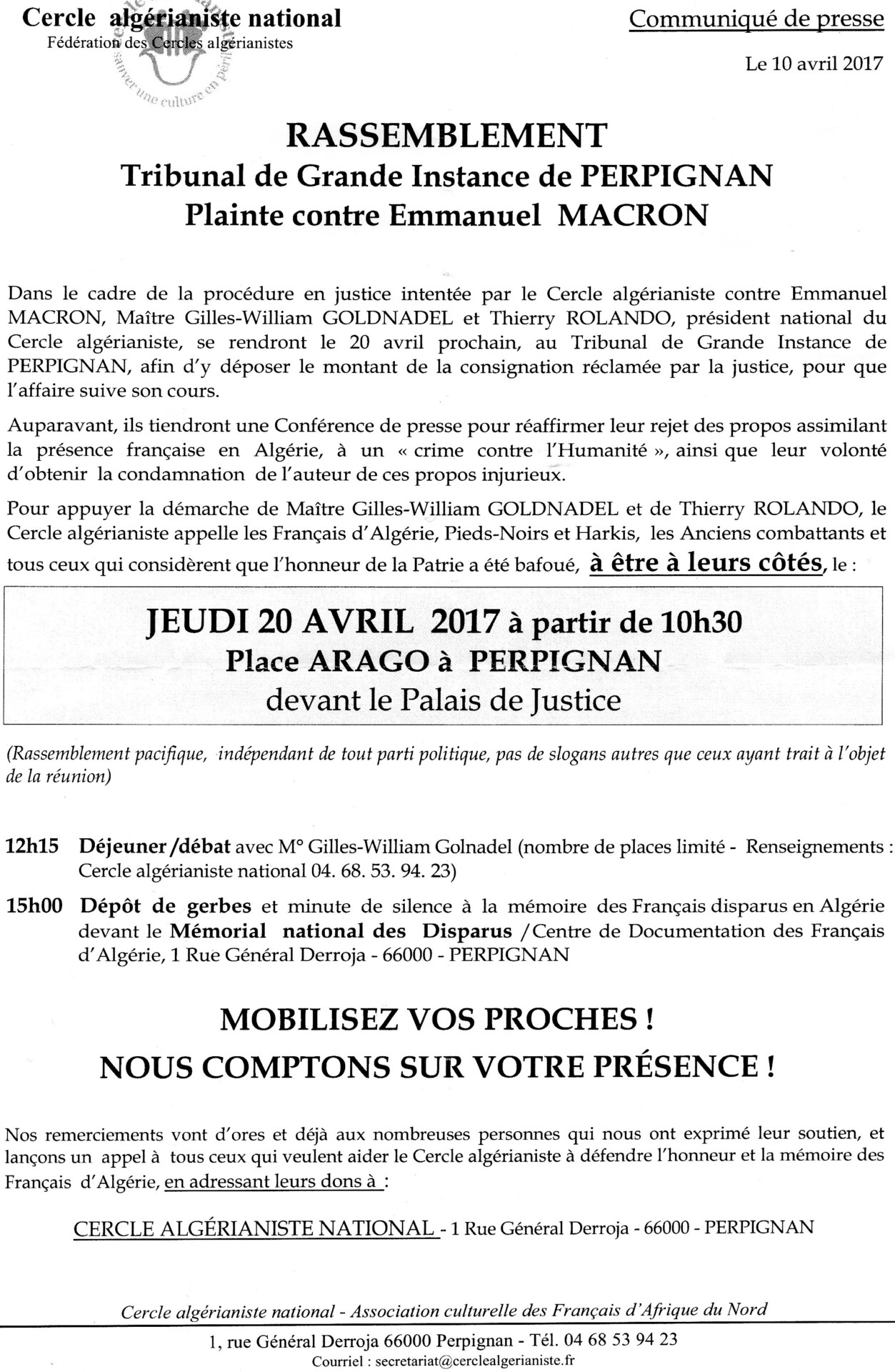 Rassemblement jeudi 20 avril 2017 place Arago à Perpignan du Cercle algérianiste à l’encontre d’Emmanuel Macron