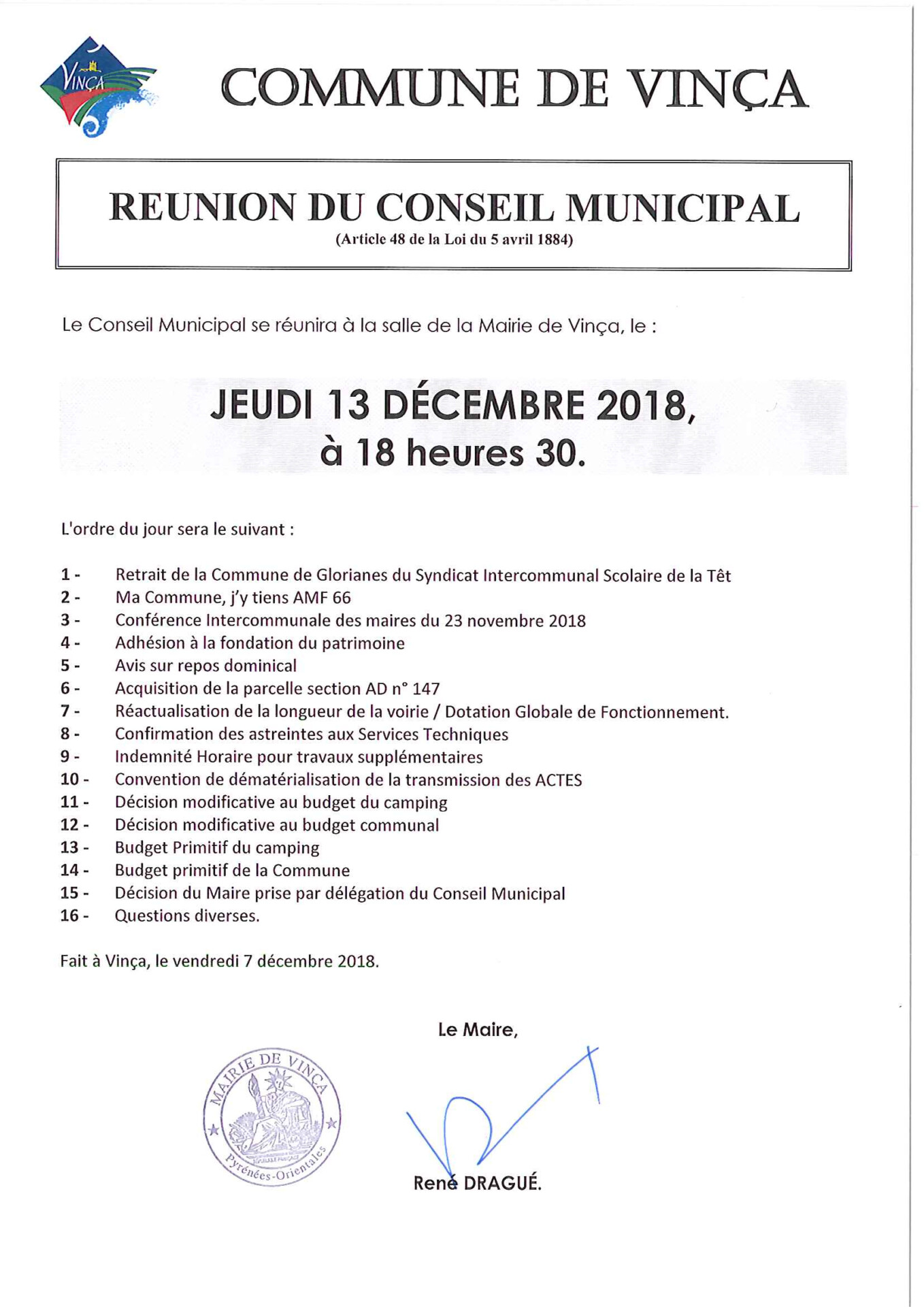 Prochaine réunion du conseil municipal de Vinça