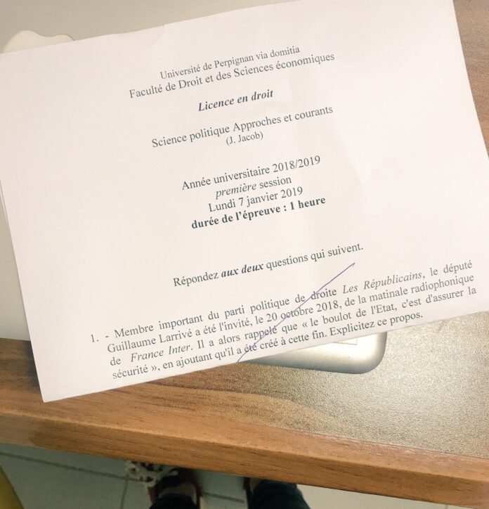 Lundi 07 janvier 2019, 16h00, en amphithéâtre 4, les juristes de la licence droit de l'Université Perpignan Via Domitia ont eu pour examen de science politique le commentaire d'un propos de Guillaume Larrivé, Secrétaire Général Les Républicains.